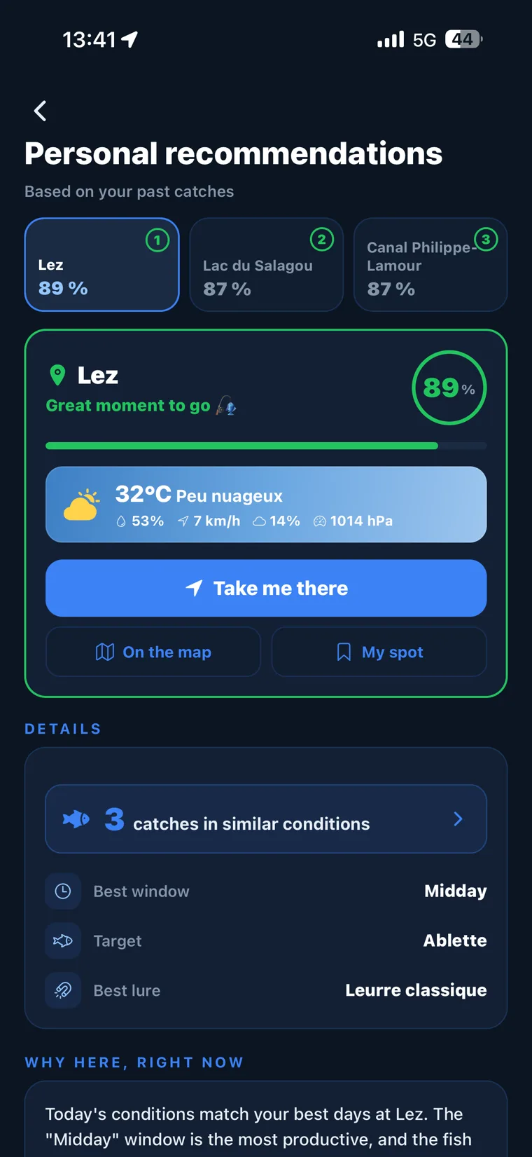 CarnaFish app: the game plan generated for a fishing spot