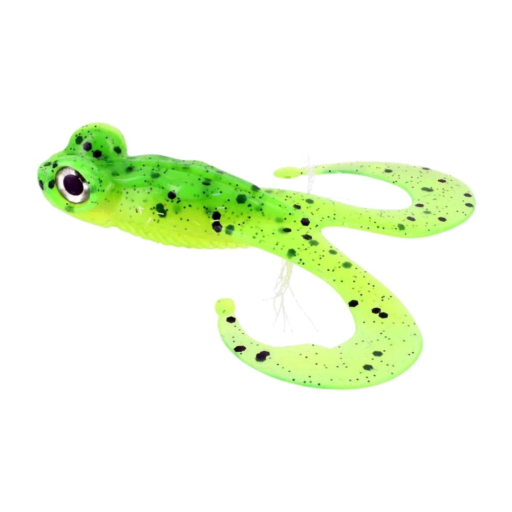 Gunki Bull Frog 100, coloris vert fluo tacheté de noir, pattes en virgule et corps souple compact