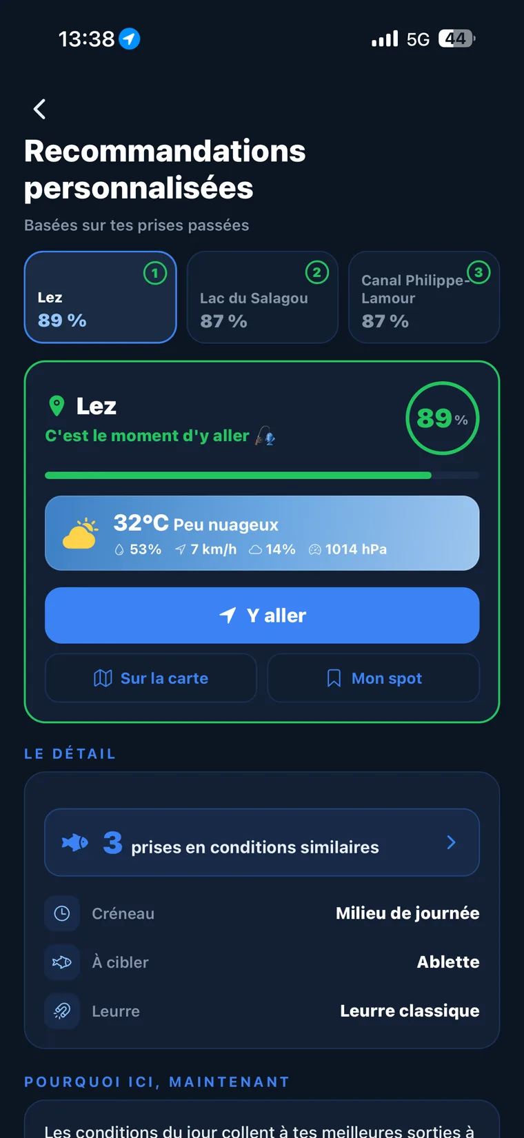 Application CarnaFish : le plan d'attaque généré pour un spot de pêche